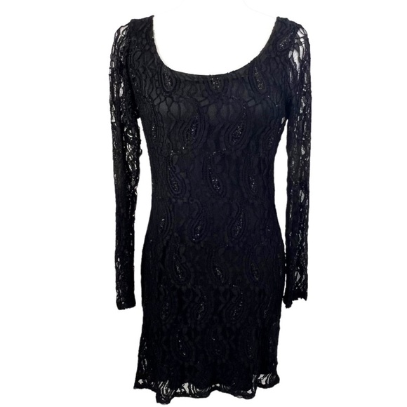 CURE Black Lace Bodycon Mini Dress Medium Scoop Back Long Sleeve Glitter Sheer - Picture 1 of 15
